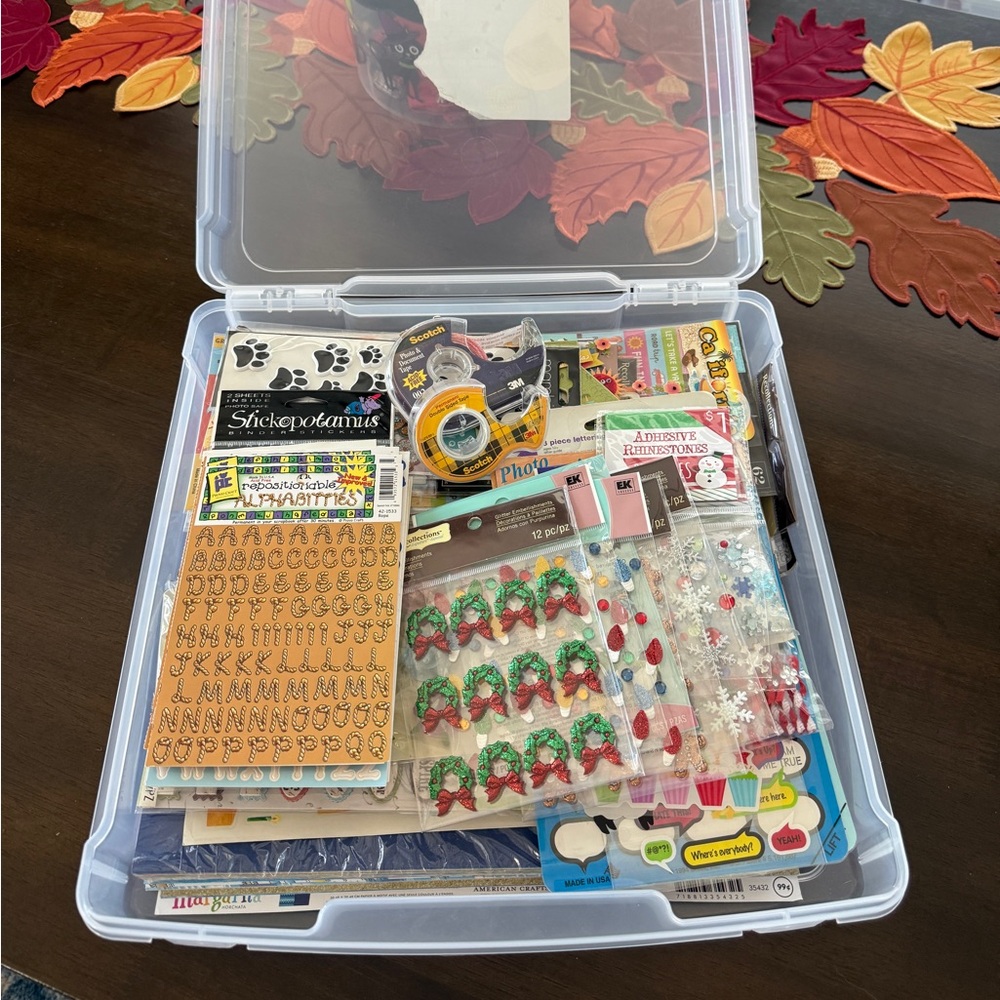 Scrapbooking Craft Storage Box with Assorted Stickers, Paper, Stencil and Tape